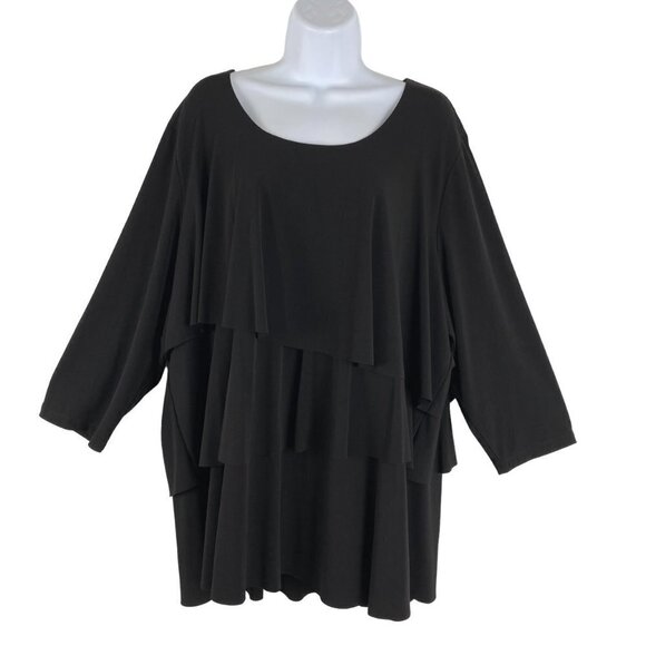Susan Graver Top Women's 2X Ruffle Tiered Black Solid Stretch Polyester Spandex‎ - Picture 1 of 7
